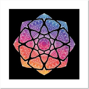 Sunset Watercolor Crystal Mandala - White Outline Posters and Art